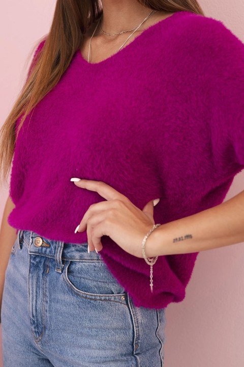 Elegancki ciemno fioletowy sweter damski oversize z krótkim rękawem
