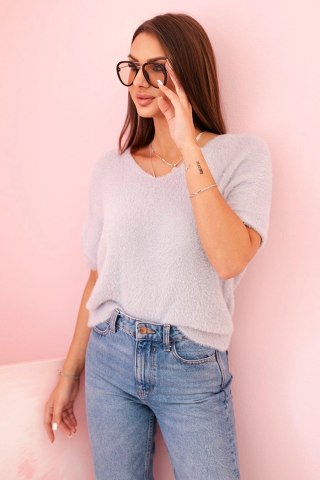 Sweter damski szary z miękkiego włosia i dekoltem V krótki rękaw
