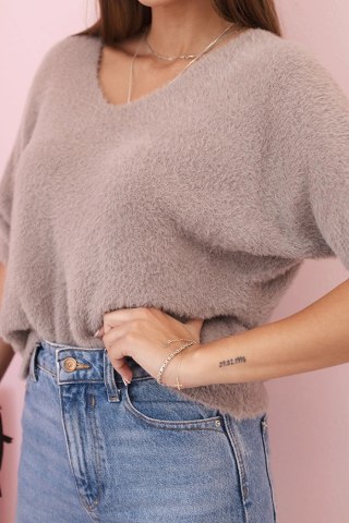 Sweter damski z miękkiego włosia z dekoltem V i krótkim rękawem, kolor fango