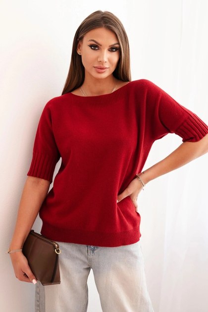 Sweter damski oversize bordowy z wiskozy i wełny – krótki rękaw, włoska jakość