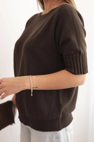 Sweter damski oversize z wiskozy i wełny – brązowy, krótki rękaw, włoska produkcja