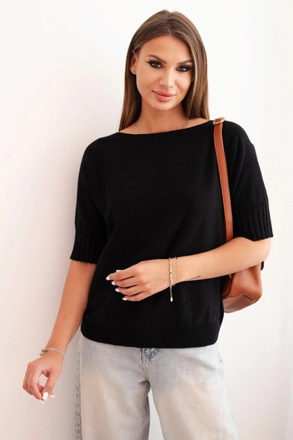 Sweter damski oversize czarny z wiskozy i wełny – krótki rękaw, włoska jakość