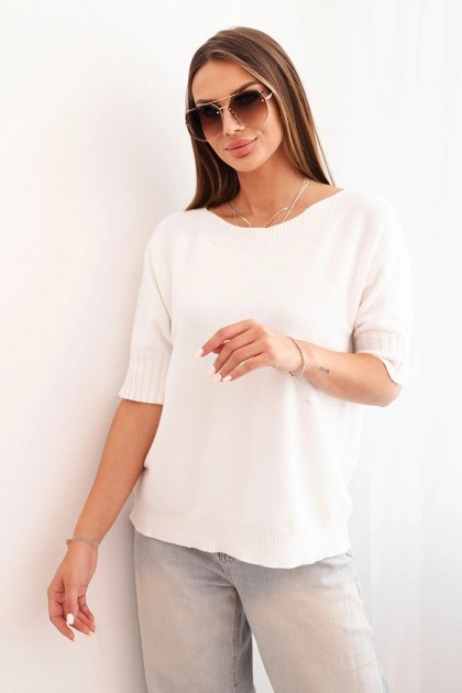 Sweter damski oversize z wiskozy i wełny – ecru, krótki rękaw, włoska produkcja
