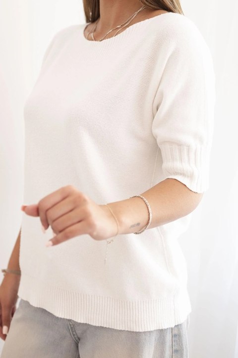 Modny sweter damski w kolorze ecru z krótkim rękawem, oversize, z wiskozy i wełny