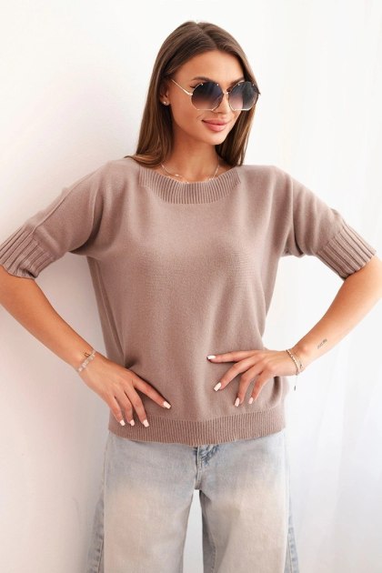 Sweter damski oversize fango z wiskozy i wełny – krótki rękaw, włoska jakość