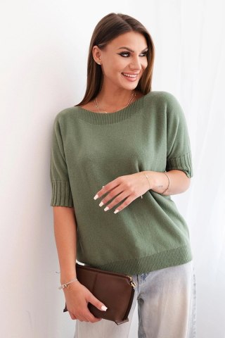 Sweter damski oversize khaki z wiskozy i wełny – krótki rękaw, włoska jakość