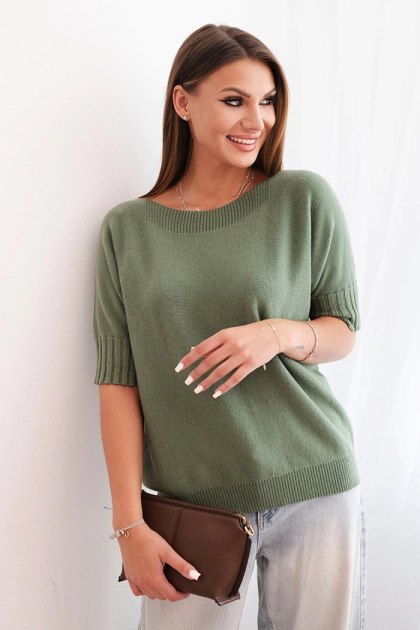 Sweter damski oversize khaki z wiskozy i wełny – krótki rękaw, włoska jakość