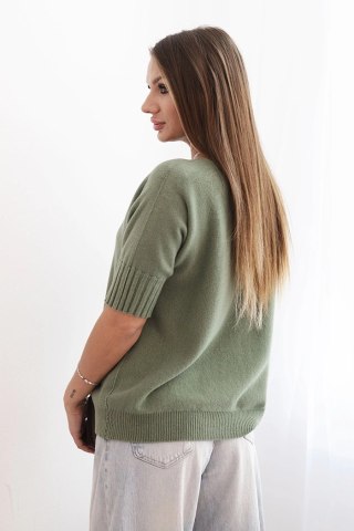 Sweter damski oversize khaki z wiskozy i wełny – krótki rękaw, włoska jakość