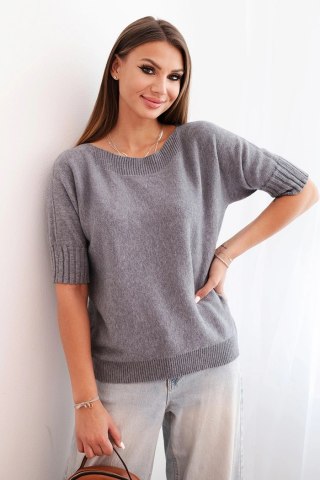Sweter damski oversize z wiskozy i wełny – szary, krótki rękaw, włoska produkcja