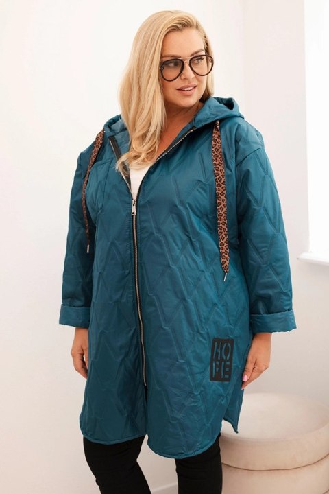Kurtka damska Plus Size morska z geometrycznym pikowaniem i kapturem