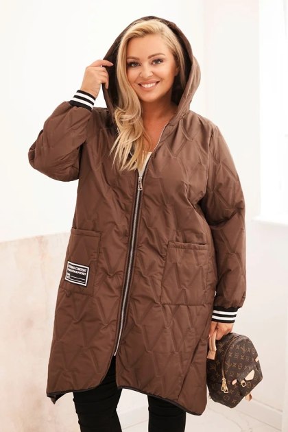 Kurtka damska Plus Size pikowana z kapturem i sportowymi mankietami czekoladowa – Stylowy Wieszak