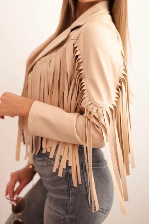 Krótka kurtka damska w stylu boho camelowa z frędzlami