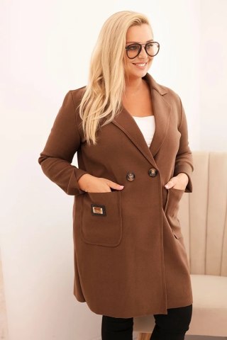 Płaszcz damski elegancki Plus Size brązowy z kołnierzem i dużymi kieszeniami – Stylowy Wieszak