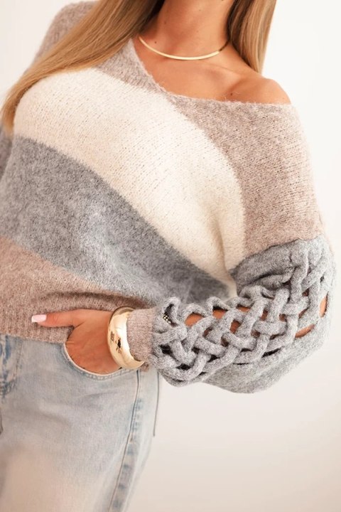 Elegancki sweter damski z dekoltem V w pasy – beżowy i szary