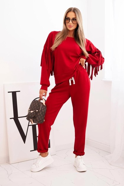 Komplet damski bordowy z frędzlami oversize elegancki włoski – Stylowy Wieszak
