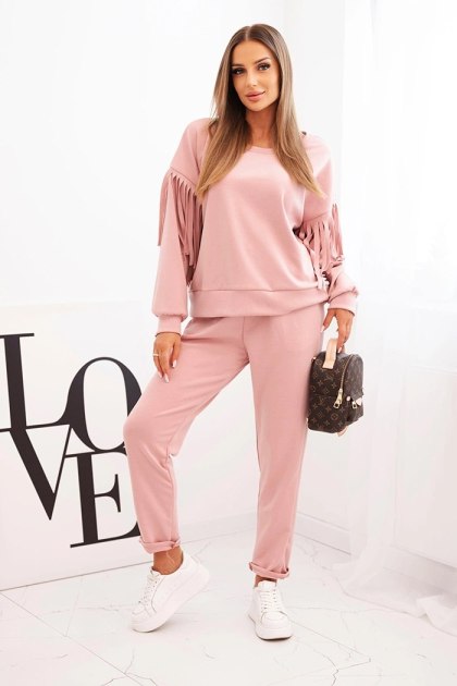 Komplet damski ciemny pudrowy róż z frędzlami oversize włoski – Stylowy Wieszak