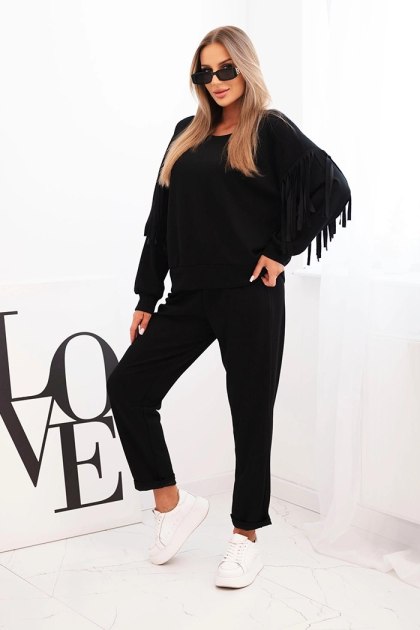 Komplet damski czarny z frędzlami oversize elegancki włoski – Stylowy Wieszak