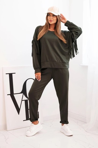 Komplet damski khaki z frędzlami oversize elegancki włoski – Stylowy Wieszak