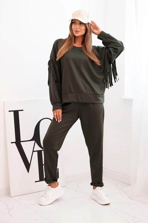 Komplet damski khaki oversize bluza z frędzlami i spodnie Stylowy Wieszak