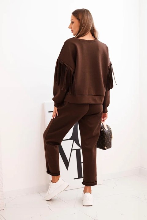 Komplet damski brązowy z frędzlami oversize elegancki włoski – Stylowy Wieszak