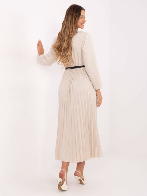 Sukienka damska elegancka maxi jasnobeżowa z kołnierzykiem – Stylowy Wieszak