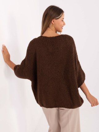 Brązowy sweter oversize z dekoltem V i rękawem 3/4 ITALY MODA – Stylowy Wieszak