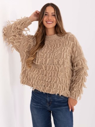 Beżowy damski sweter oversize boho z frędzlami RUE PARIS – Stylowy Wieszak