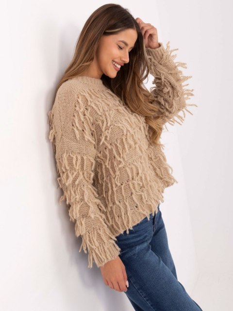 Wygodny sweter damski beżowy oversize RUE PARIS – Stylowy Wieszak