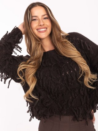 Ciemnobrązowy sweter oversize z frędzlami RUE PARIS – Stylowy Wieszak