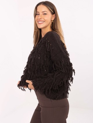 Ciemnobrązowy sweter oversize z frędzlami RUE PARIS – Stylowy Wieszak