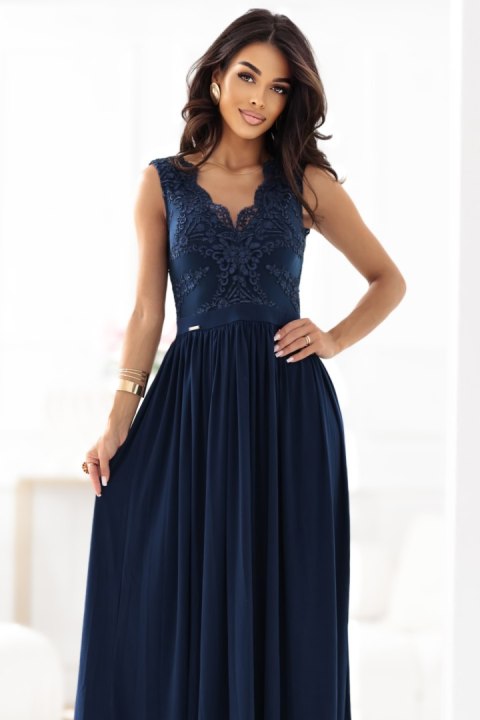 215-6 LEA długa elegancka suknia maxi z koronkową górą i rozcięciem na nodze - granatowa - XL