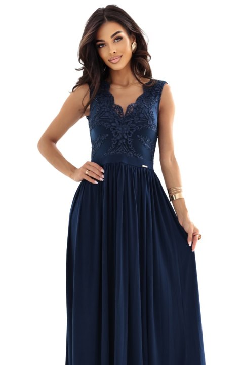 215-6 LEA długa elegancka suknia maxi z koronkową górą i rozcięciem na nodze - granatowa - XL