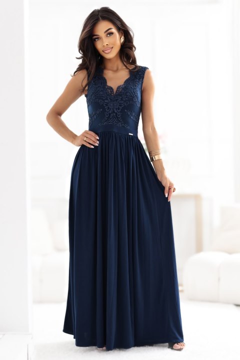 215-6 LEA długa elegancka suknia maxi z koronkową górą i rozcięciem na nodze - granatowa - S