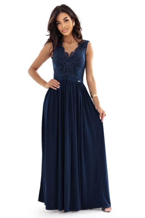 215-6 LEA długa elegancka suknia maxi z koronkową górą i rozcięciem na nodze - granatowa - S