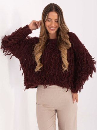 Bordowy sweter oversize z frędzlami RUE PARIS – Stylowy Wieszak