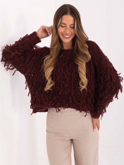 Bordowy sweter oversize z frędzlami RUE PARIS – Stylowy Wieszak