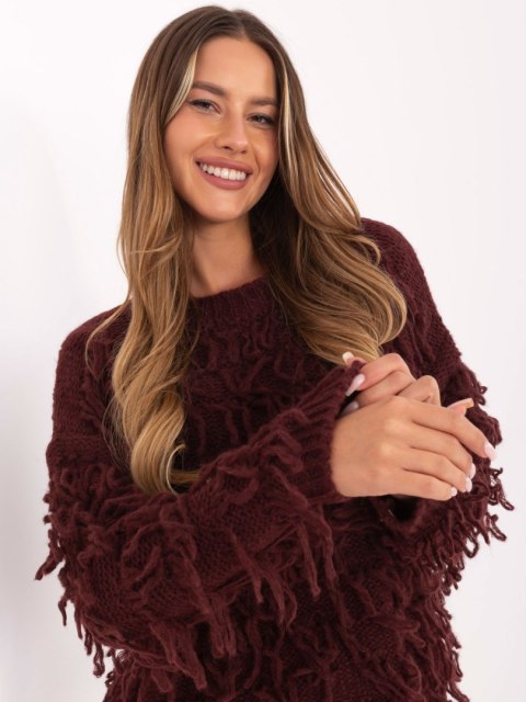 Modny bordowy sweter oversize z frędzlami – Stylowy Wieszak