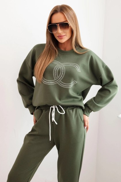 Komplet damski khaki z wiskozy – bluza z ozdobnym motywem i spodnie