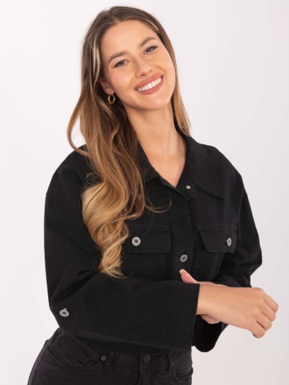 Czarna jeansowa kurtka damska RUE PARIS z kieszeniami casual
