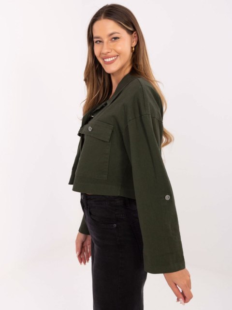 Stylowa kurtka jeansowa khaki RUE PARIS z kieszeniami i guzikami