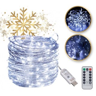 Lampki LED na druciku 200 – zimny biały, 20 m, USB + pilot