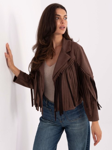Stylowa brązowa kurtka RUE PARIS z frędzlami boho