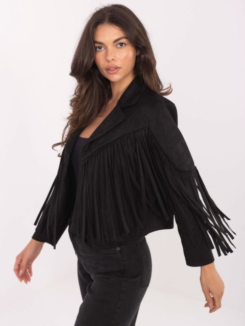 Czarna krótka kurtka damska z frędzlami RUE PARIS – styl boho casual