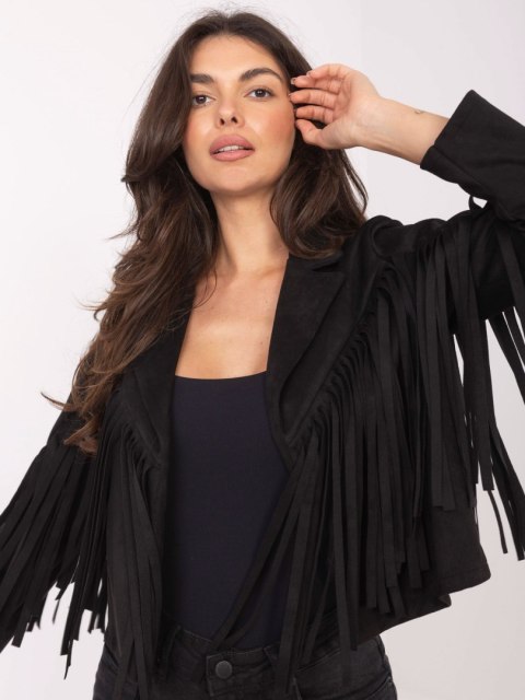 Stylizacja casual z czarną kurtką damską RUE PARIS z frędzlami