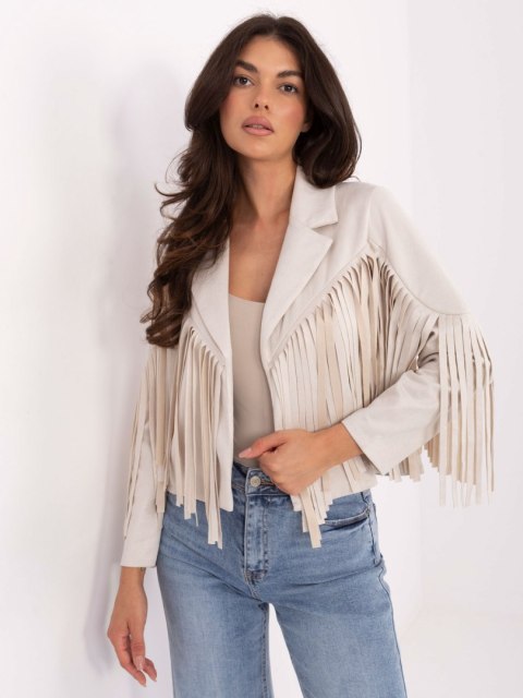 Modna krótka kurtka damska jasny beż – styl boho