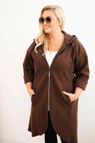 Płaszcz damski Plus Size brązowy zamszowy oversize rozpinany z kapturem