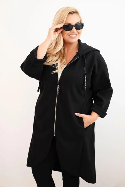 Płaszcz damski Plus Size czarny zamszowy oversize rozpinany z kapturem