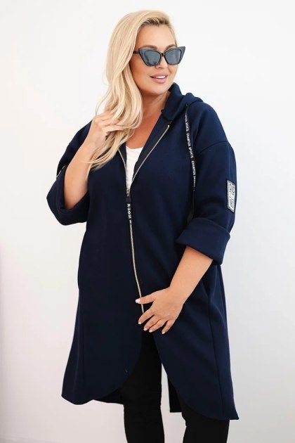 Płaszcz damski Plus Size granatowy zamszowy oversize rozpinany z kapturem
