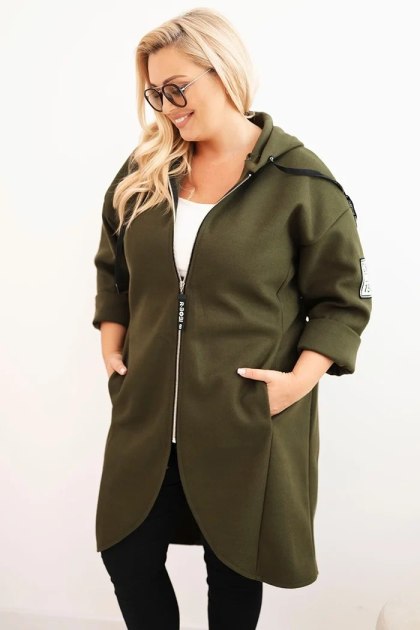 Płaszcz damski Plus Size khaki zamszowy oversize rozpinany z kapturem