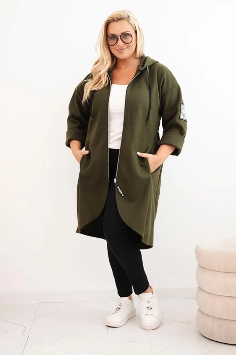 Khaki płaszcz damski plus size rozpinany na zamek z naszywkami